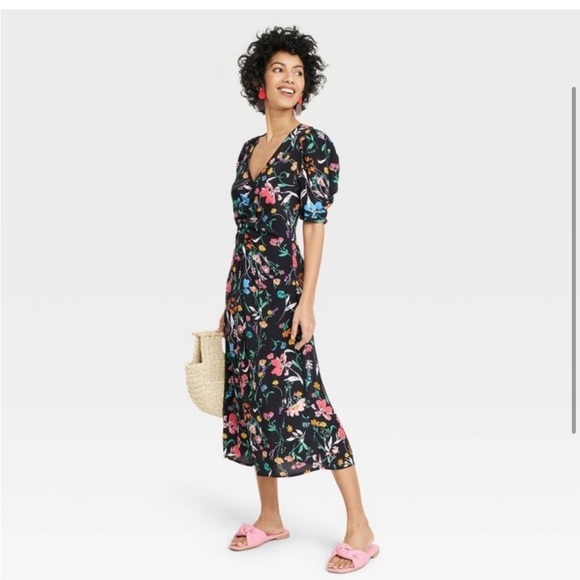 Puff Short Sleeve Ruched A Line Dress a new day Black Floral LO - Picture 1 of 10